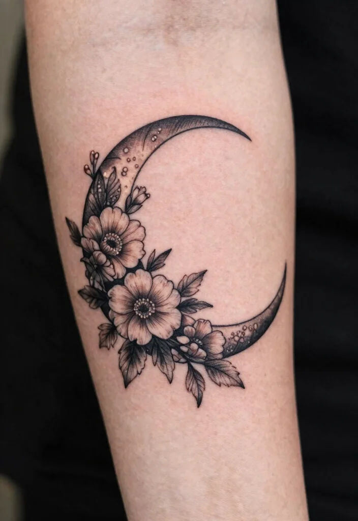 18 Gothic Forearm Tattoo Ideas With Dark Aesthetic - 3. Crescent Moon with Floral Accents 1