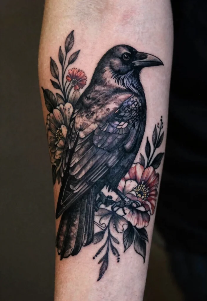 18 Gothic Forearm Tattoo Ideas With Dark Aesthetic - 4. Raven Among Flowers 1