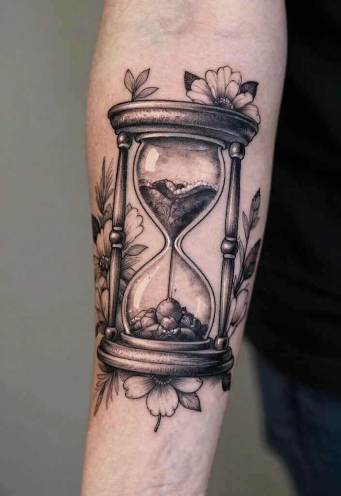 18 Gothic Forearm Tattoo Ideas With Dark Aesthetic - 7. Hourglass with Flowers 1