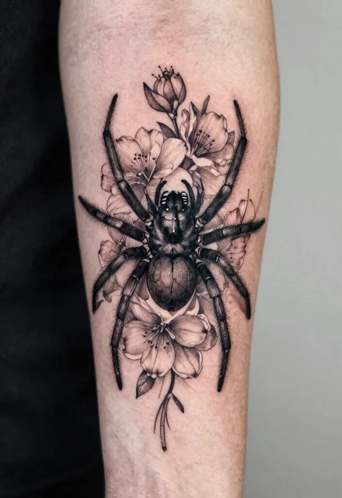 18 Gothic Forearm Tattoo Ideas With Dark Aesthetic - 8. Black Widow Spider with Blooming Flowers 1