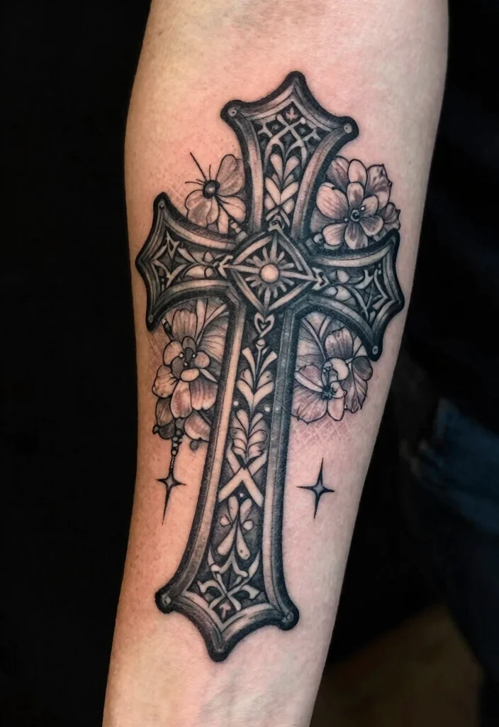 18 Gothic Forearm Tattoo Ideas With Dark Aesthetic - 9. Gothic Cross with Floral Elements 1