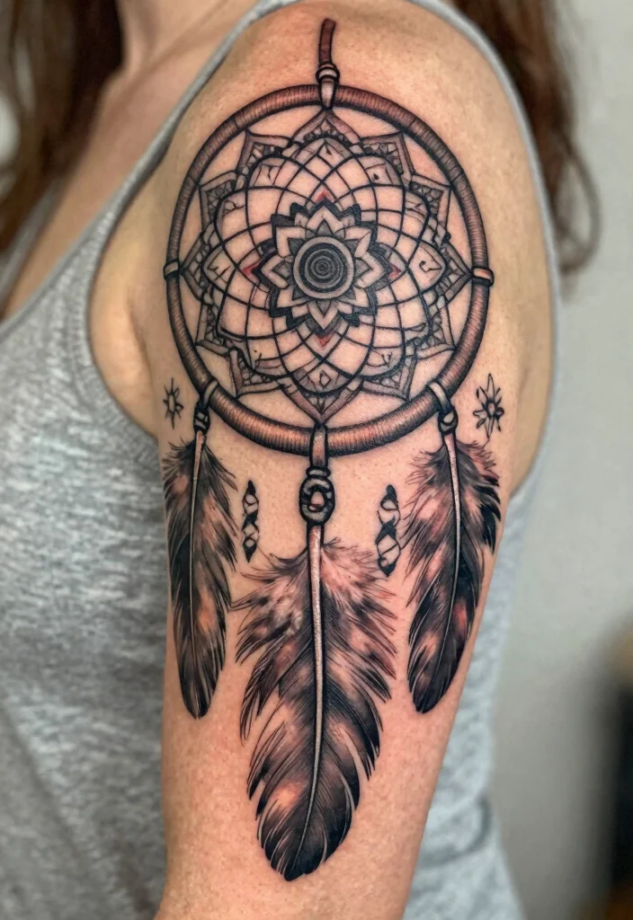 18 Mandala Tattoo Sleeve 2026 Trending Ideas With Detailed Art - 9. Dreamcatcher Mandala Infusion 1