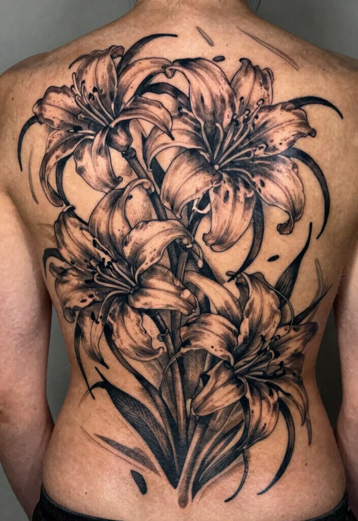 18 Spider Lily Tattoo Men Ideas With Bold Edge - 10. Large Back Piece 1