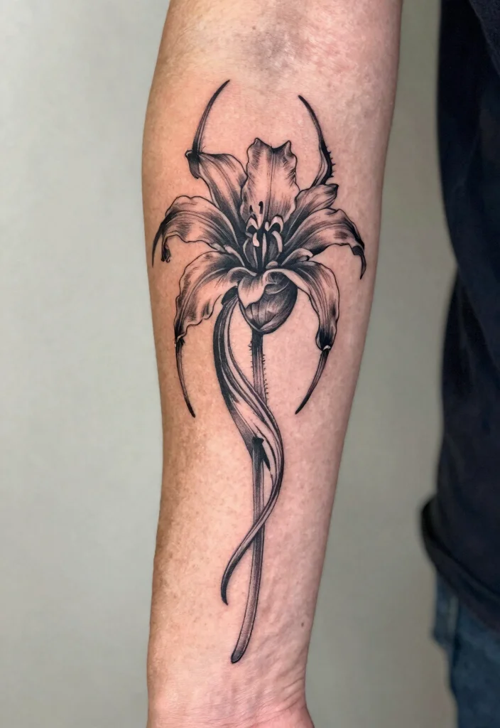 18 Spider Lily Tattoo Men Ideas With Bold Edge - 11. Vertical Stem Design 1