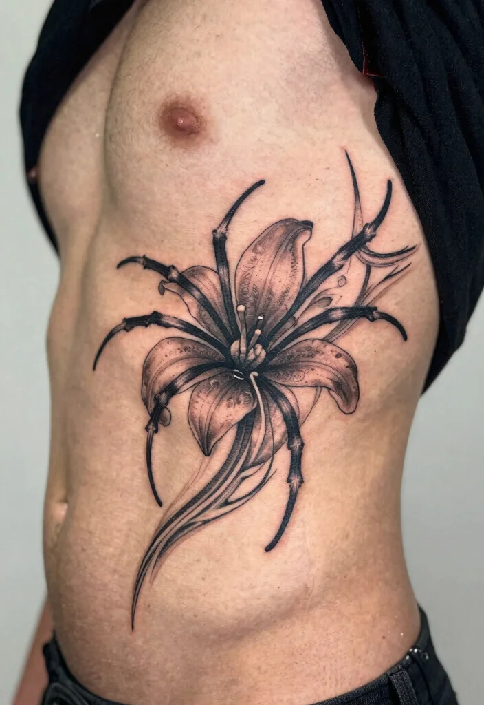 18 Spider Lily Tattoo Men Ideas With Bold Edge - 12. Side Rib Design 1