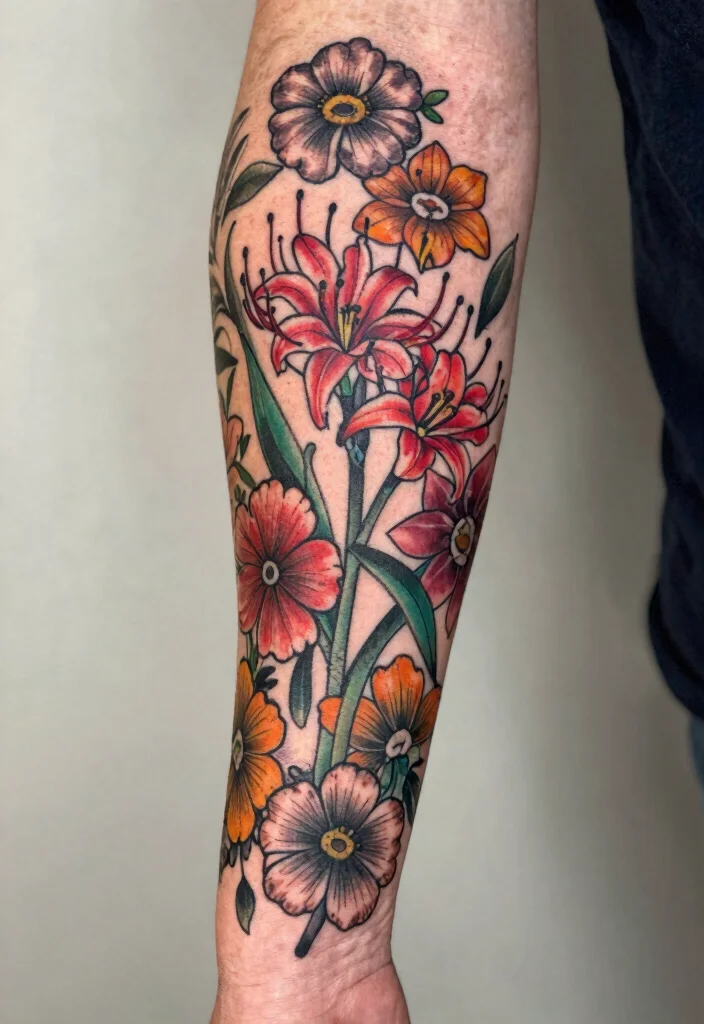 18 Spider Lily Tattoo Men Ideas With Bold Edge - 16. Floral Sleeve with Spider Lily 1