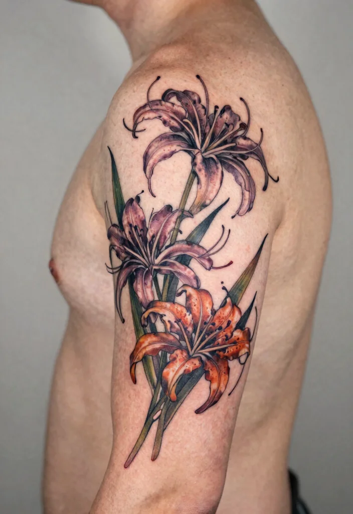 18 Spider Lily Tattoo Men Ideas With Bold Edge - 17. Combination with Other Flora 1