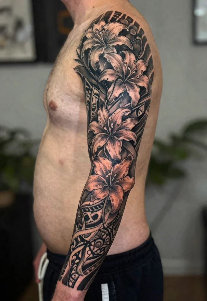 18 Spider Lily Tattoo Men Ideas With Bold Edge - 7. Full Sleeve Design 1