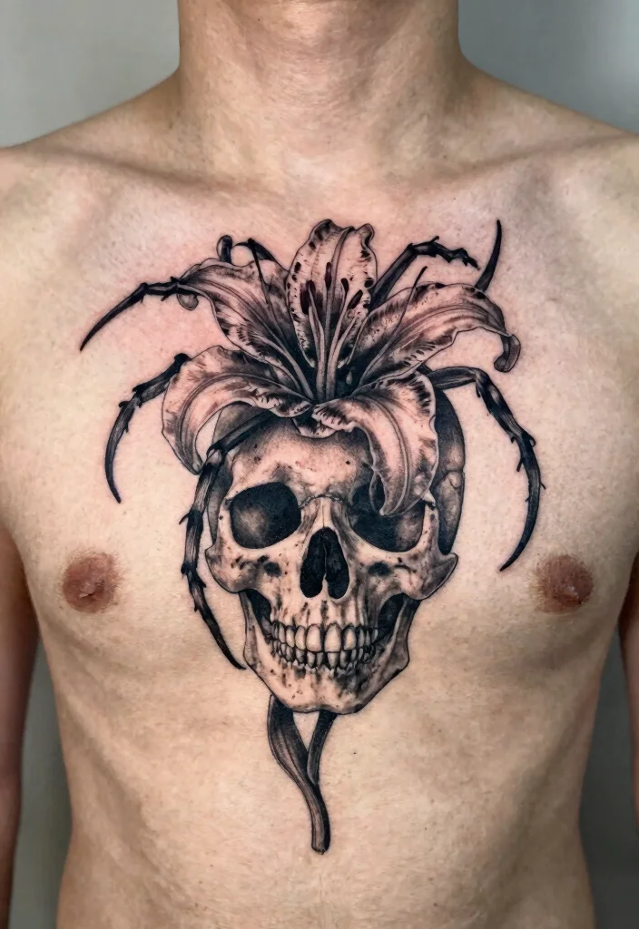 18 Spider Lily Tattoo Men Ideas With Bold Edge - 8. Spider Lily with Skulls 1