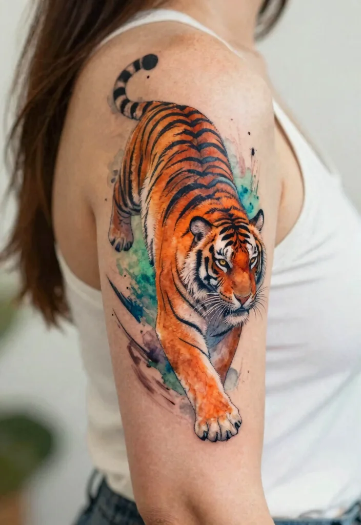 18 Tiger Tattoo Women Ideas With Fierce Elegance - 1. Majestic Watercolor Tiger 1