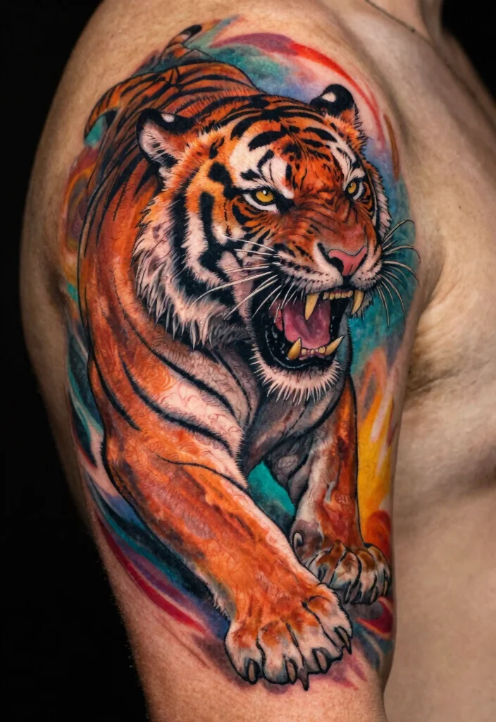 18 Tiger Tattoo Women Ideas With Fierce Elegance - 12. Dynamic Roaring Tiger 1