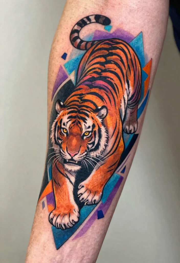 18 Tiger Tattoo Women Ideas With Fierce Elegance - 13. Colorful Tiger with Geometric Shapes 1