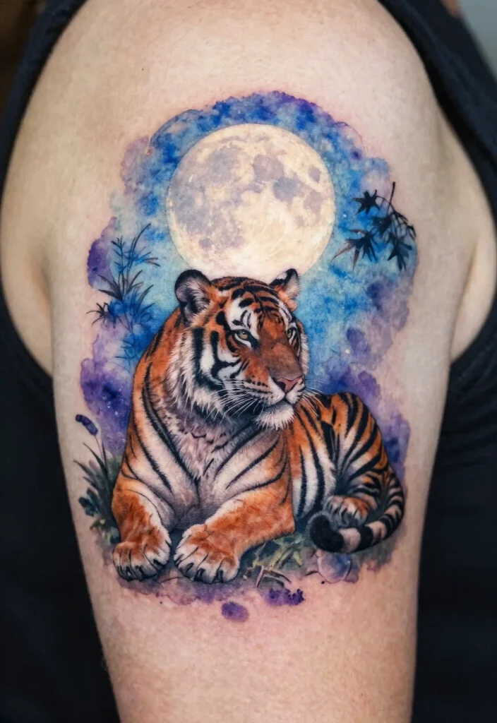 18 Tiger Tattoo Women Ideas With Fierce Elegance - 17. Dreamy Tiger Under the Moon 1