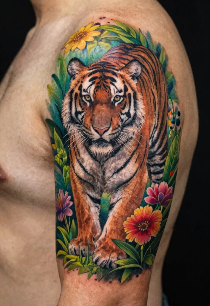 18 Tiger Tattoo Women Ideas With Fierce Elegance - 18. An Artistic Tiger Landscape 1