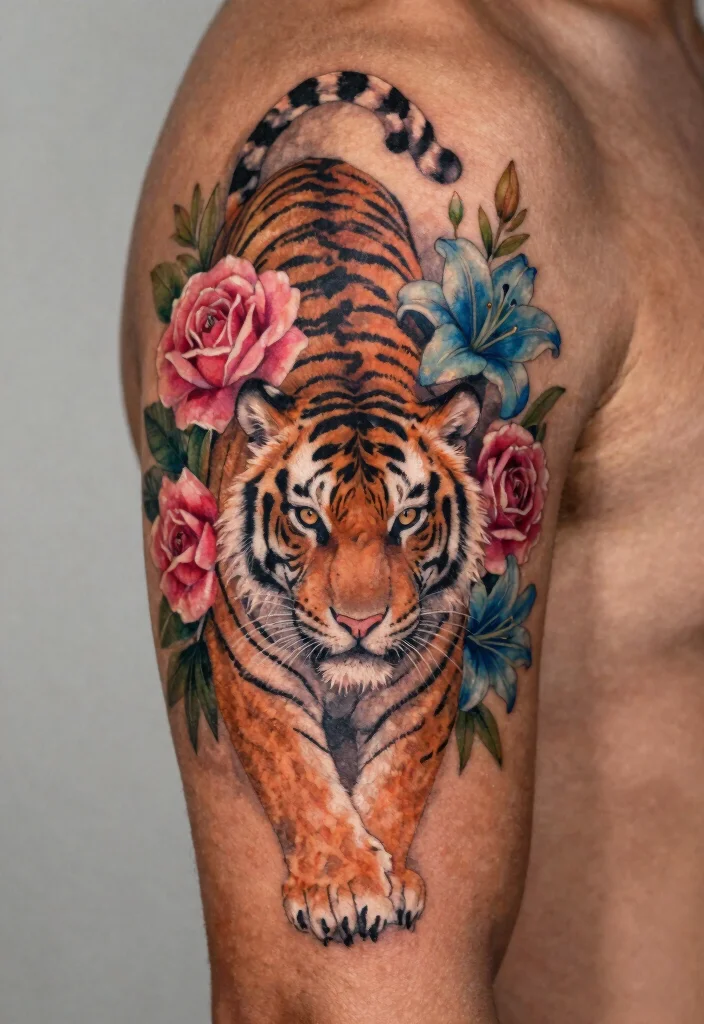 18 Tiger Tattoo Women Ideas With Fierce Elegance - 4. Whimsical Floral Tiger 1