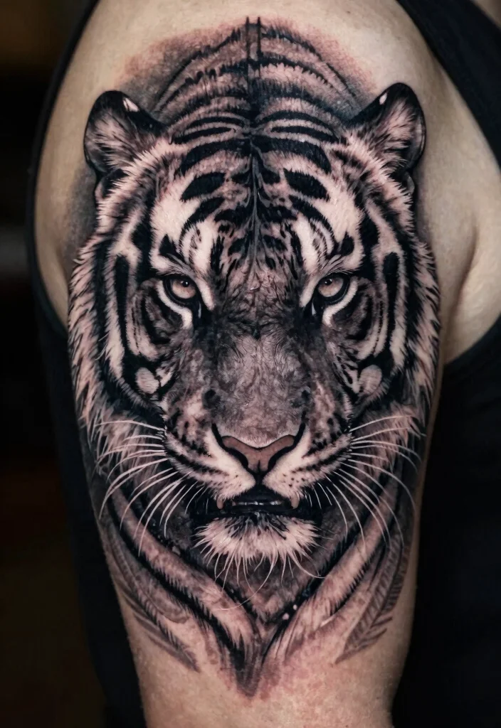 18 Tiger Tattoo Women Ideas With Fierce Elegance - 5. Bold Black and Grey Tiger 1