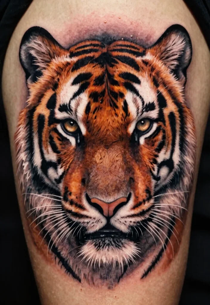 18 Tiger Tattoo Women Ideas With Fierce Elegance - 8. Realistic Tiger Face 1