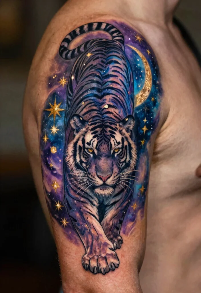 18 Tiger Tattoo Women Ideas With Fierce Elegance - 9. Celestial Tiger 1