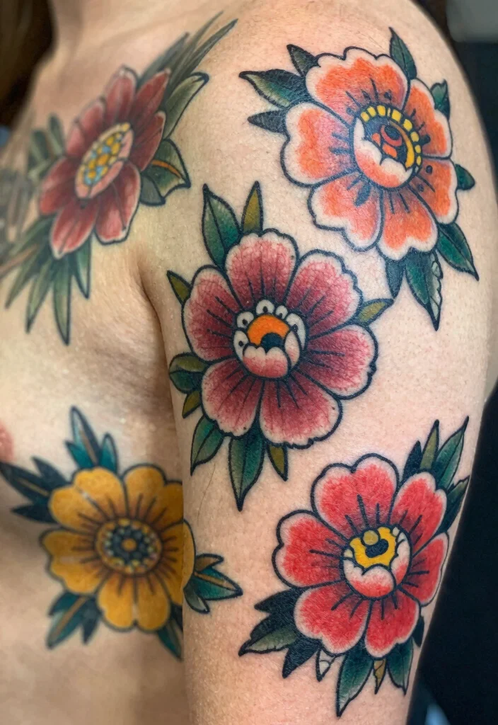 18 Traditional Flash Tattoo Ideas With Timeless Appeal - 10. Traditional Flowers 1