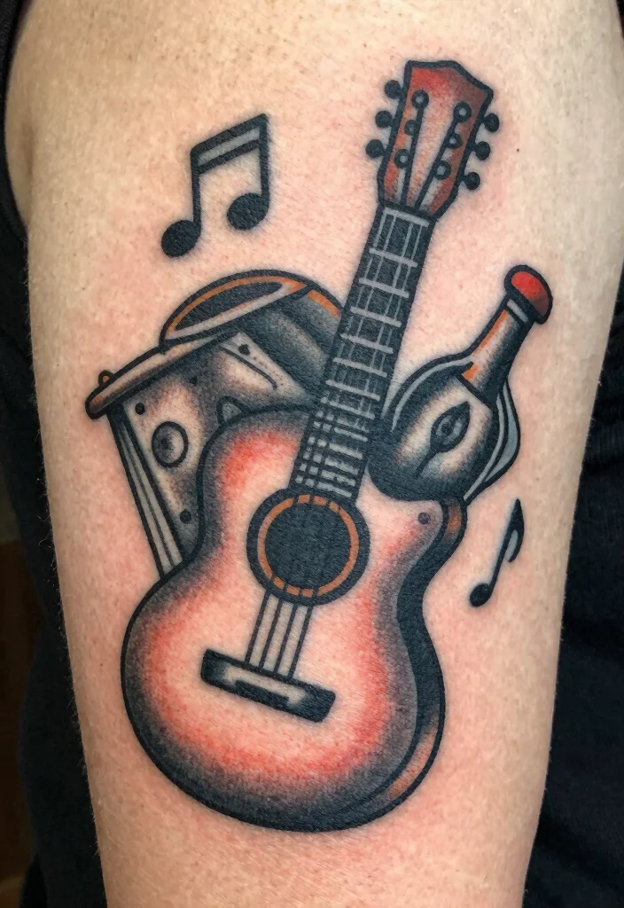 18 Traditional Flash Tattoo Ideas With Timeless Appeal - 16. Vintage Music Inspirations 1