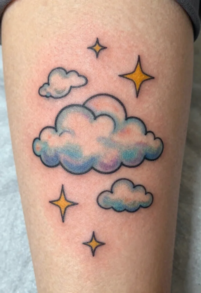 18 Traditional Flash Tattoo Ideas With Timeless Appeal - 17. Whimsical Clouds and Stars 1
