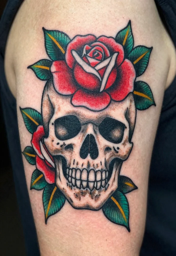 18 Traditional Flash Tattoo Ideas With Timeless Appeal - 5. Skull and Roses 1