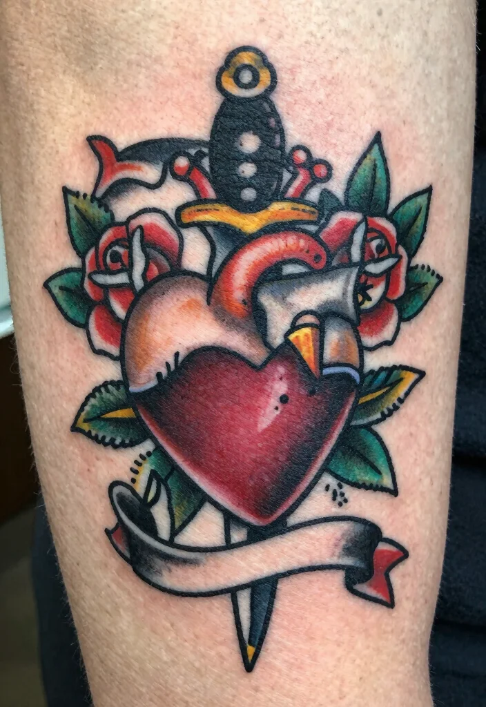 18 Traditional Flash Tattoo Ideas With Timeless Appeal - 8. Dagger Through a Heart 1