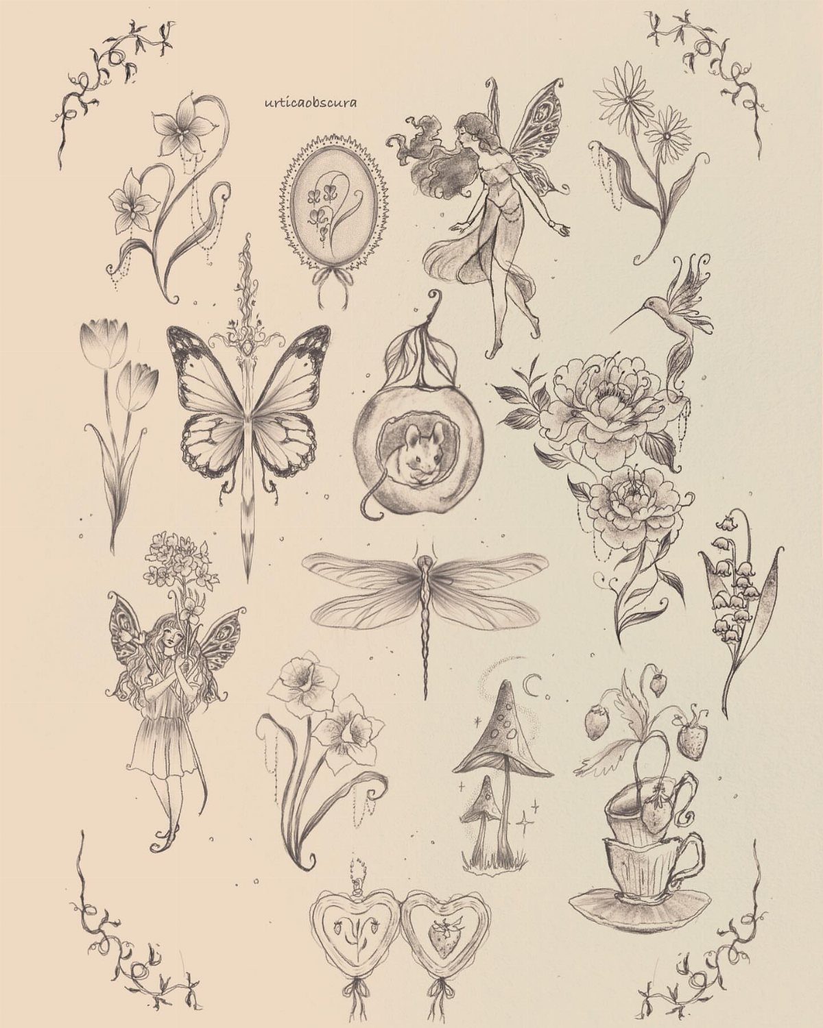 Fine-line black ink drawings of flowers, fairies, butterflies, and mushrooms on a beige background.