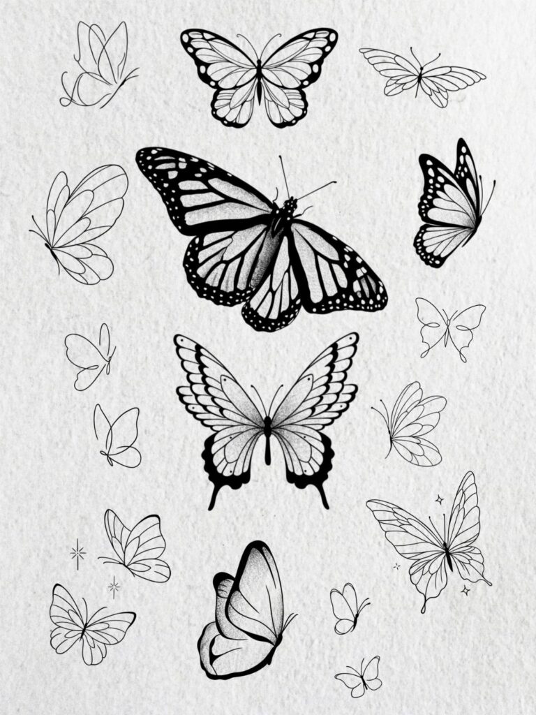 Black ink butterfly illustrations in various styles scattered on a light textured paper background.