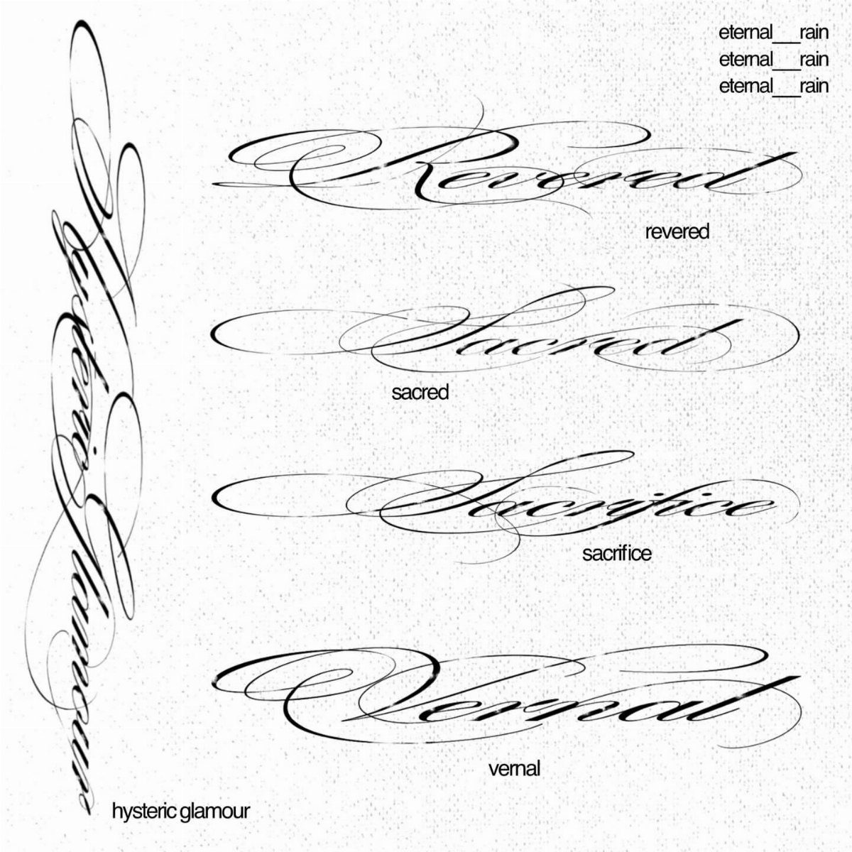 Elegant black cursive calligraphy script designs featuring decorative flourishes on a plain white background.