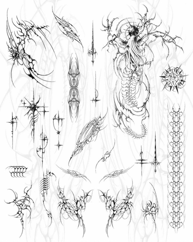 Black ink neo-tribal tattoo flash designs featuring sharp, organic, and abstract line art on a white background.