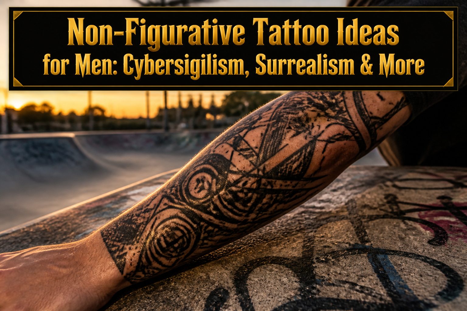 A variety of non-figurative tattoos with abstract shapes and blackwork designs.