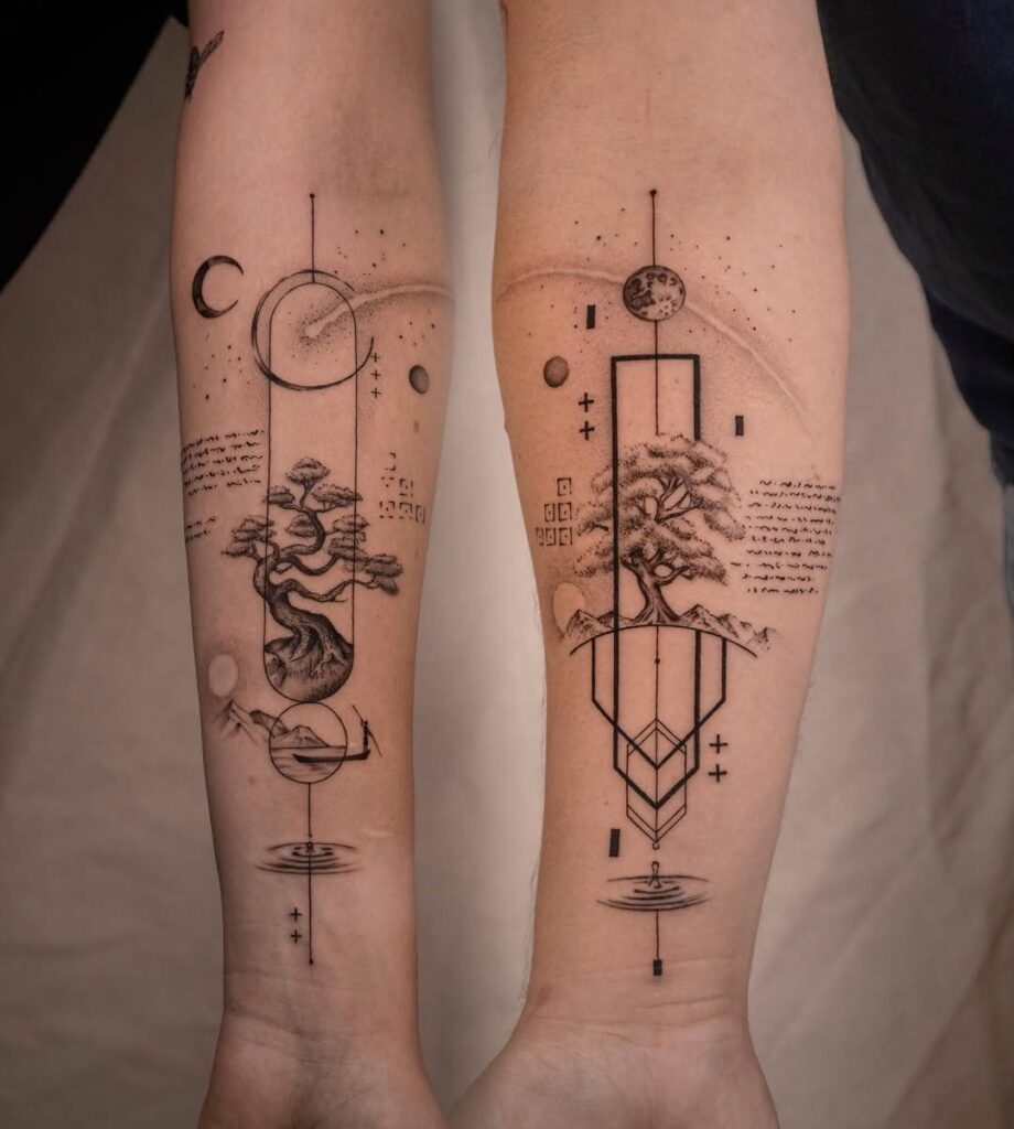 Two forearms displaying matching black ink geometric tattoos of moons and bonsai trees.