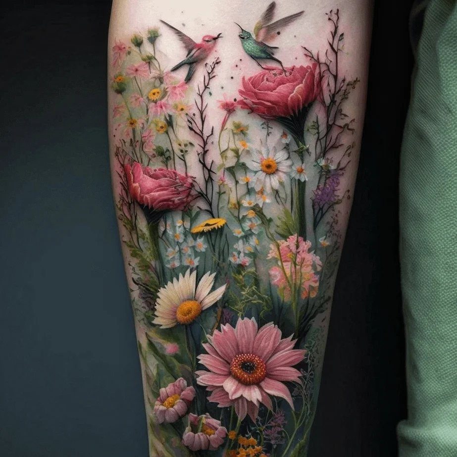 A detailed floral tattoo on a leg featuring colorful wildflowers and two small hummingbirds.