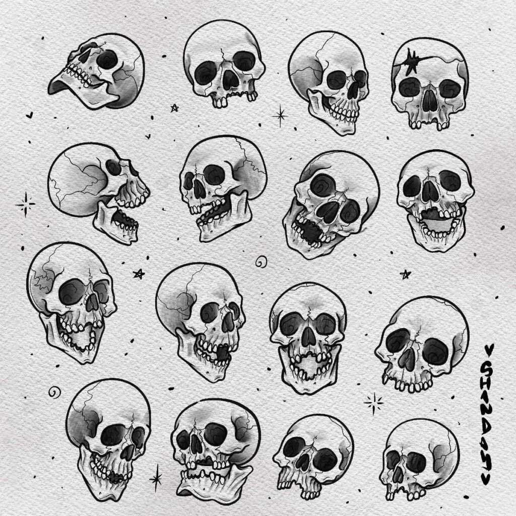 Multiple hand-drawn black and white skull illustrations arranged in rows on a textured background.
