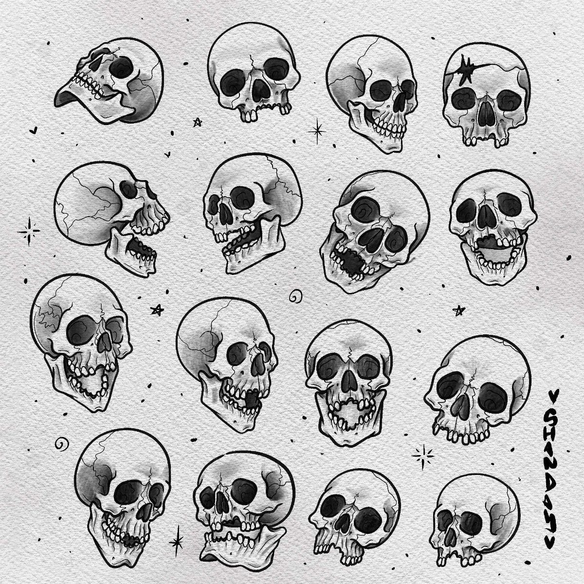 Multiple hand-drawn black and white skull illustrations arranged in rows on a textured background.