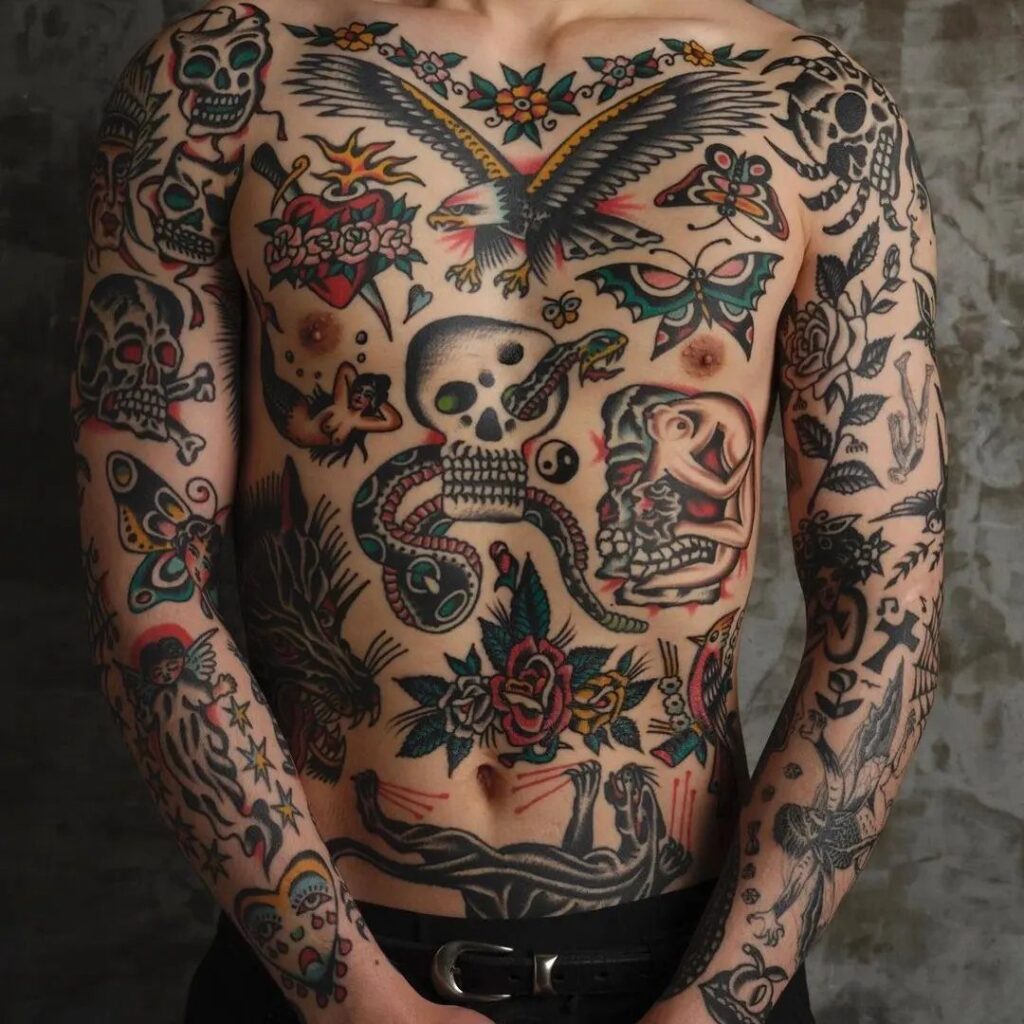 A man's torso and arms heavily decorated with various colorful traditional style tattoos.